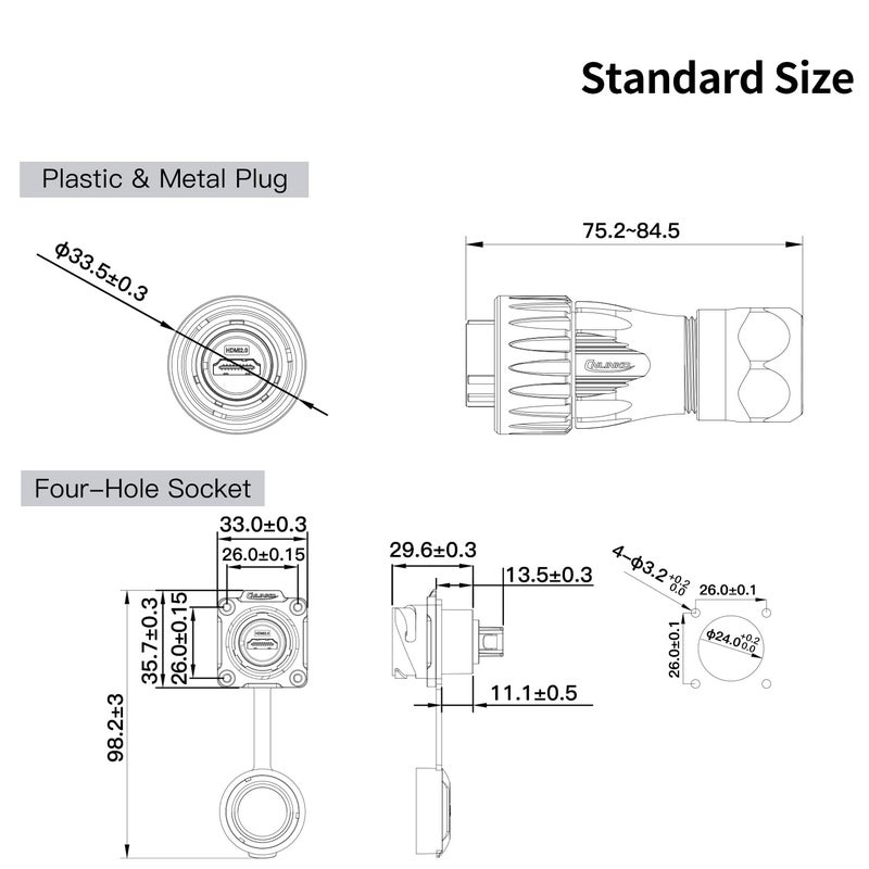 CNLINKO DH-24 HDMI Connectors, Metal Aviation Plug with 40 Inches 4K HD Cables, Panel Mount Socket, Mated Connectors for Video Equipment, IP68 Waterproof Connector, M24 Signal Connectors (HDMI Set) - Image 4